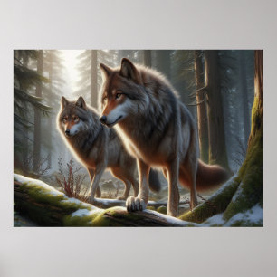 Varg Duo i Forest 3D-utseende   Förbluffande natur Poster