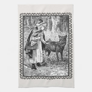 Varg för Huva i svartvit Vintage Illustration Ridi Kökshandduk