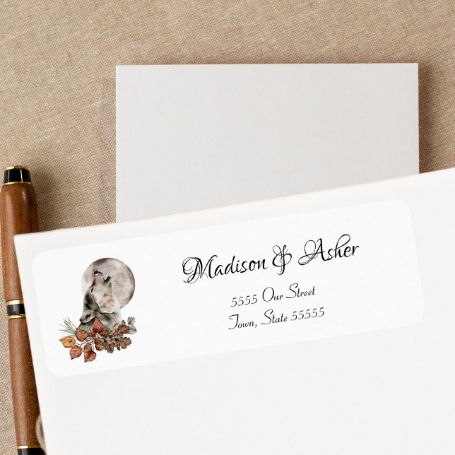 Varg för vattenfärg Howling vid Måne Höst löv  Returadress Etikett (Skapare uppladdad)