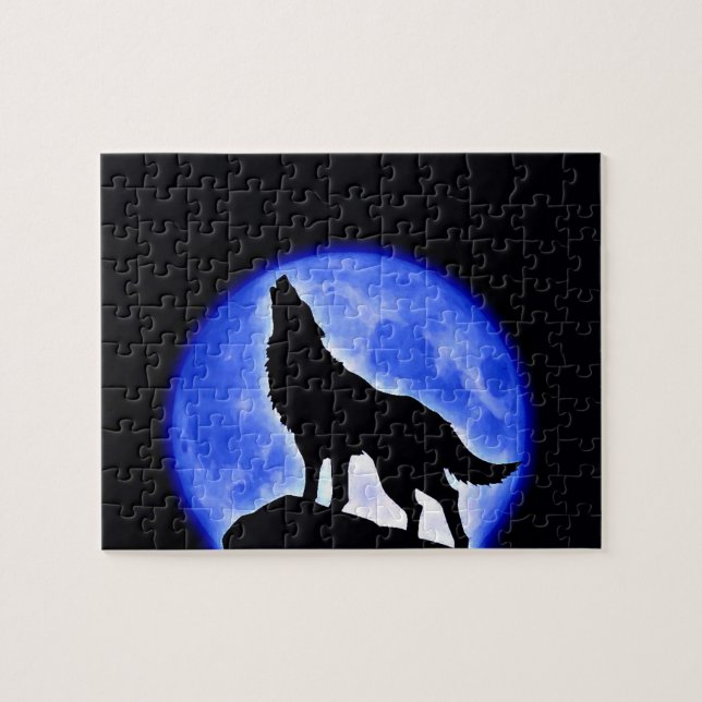 Varg Fullmoon & Blue Night - Vilda djur Art Pussel (Horisontell)