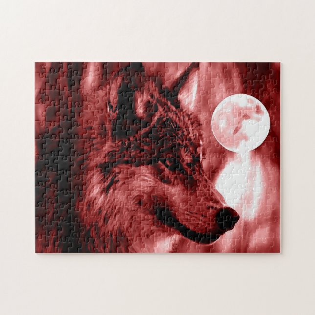 Varg Fullmoon & Red Night - Vilda djur Art Pussel (Horisontell)