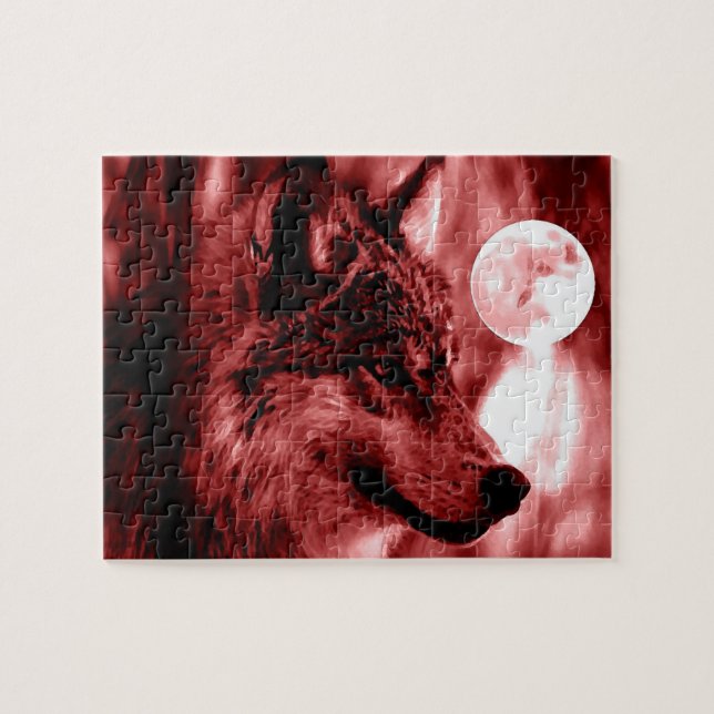Varg Fullmoon & Red Night - Vilda djur Art Pussel (Horisontell)