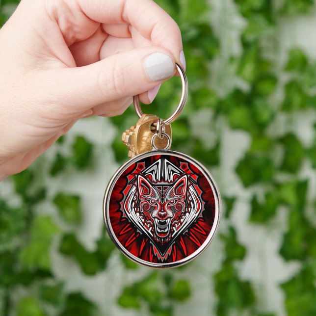 Varg Haida-stammens totem-design Rund Silverfärgad Nyckelring (Hand)
