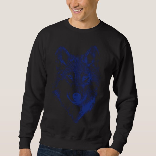 Varg Head in Blue Husky Hund Line Art Lång Ärmad Tröja (Framsida)