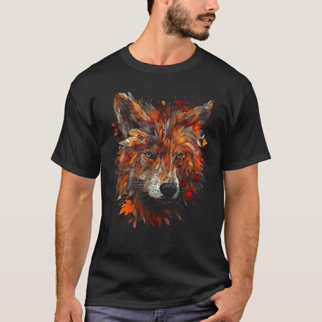 Varg Höst Löv Djur Motiv Varg T Shirt (Framsida)