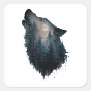 Varg Howl Forest Måne Fyrkantigt Klistermärke
