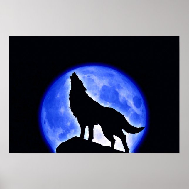 Varg Howling Blue Full Moon Night Poster (Framsidan)