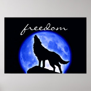 Varg Howling Freedom Blue Full Moon Night Poster
