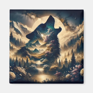 Varg Howling i Måne på en molnig natt Magnet