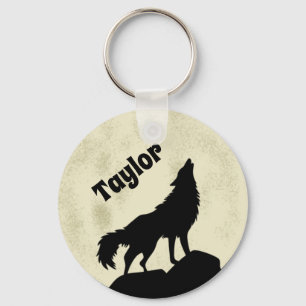 Varg Howling på Måne Illustration-Personligen Nyckelring