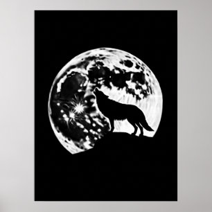 Varg Howling Silhouetted mot en hel måne Poster