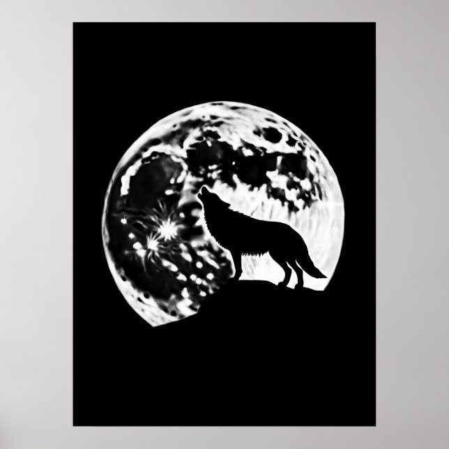 Varg Howling Silhouetted mot en hel måne Poster (Framsidan)