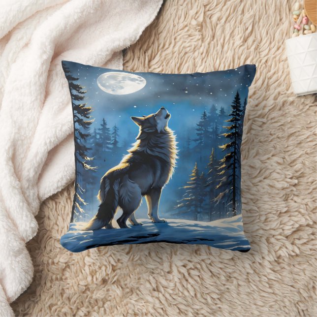 Varg Howling under Full Moon i Snowy Forest Kudde (Filt)