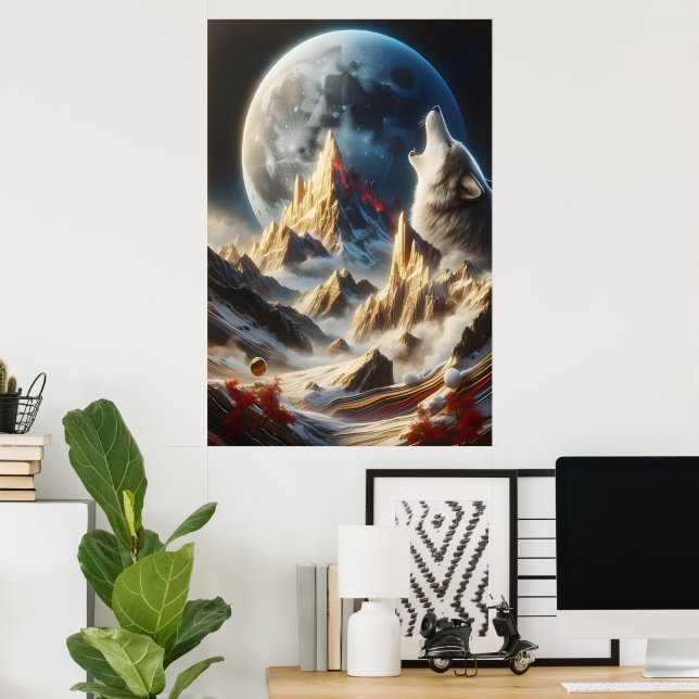 Varg Howling under Lunar Peaks Poster (Hemmakontoret)