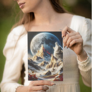 Varg Howling under Lunar Peaks Vykort