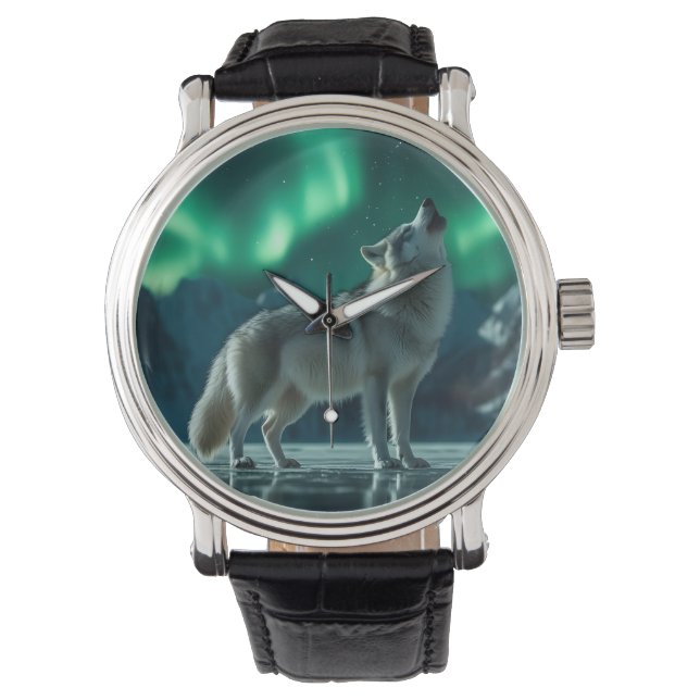 Varg Howling under norra Ljus Armbandsur (Framsida)