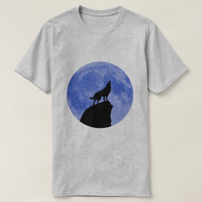 Varg Howling vid Blue Måne T Shirt (Design framsida)