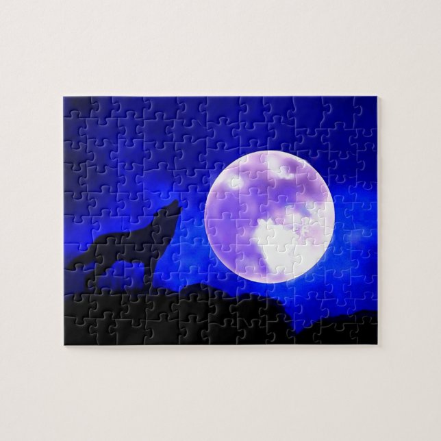 Varg Howling vid Måne Blue Night Artwork Animal Ar Pussel (Horisontell)