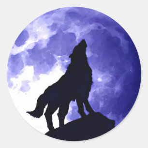 Varg Howling vid Måne Blue Night Fullmoon Runt Klistermärke