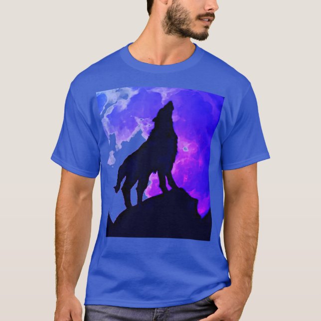 Varg Howling vid Måne Deep-Royalet Blue T Shirt (Framsida)