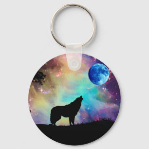 Varg Howling vid Måne Galaxy Stars Animal Nyckelring