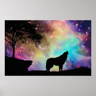 Varg Howling vid Måne Galaxy Stars Animal Poster