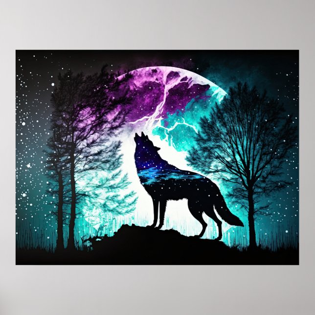 Varg Howling vid Måne Galaxy Stars Animal Poster (Framsidan)