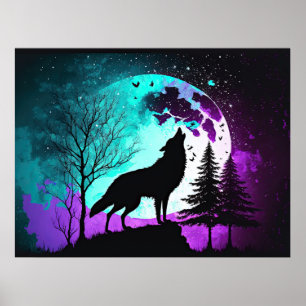 Varg Howling vid Måne Galaxy Stars Animal Poster