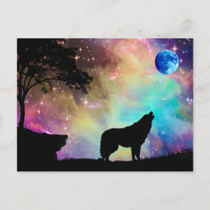 Varg Howling vid Måne Galaxy Stars Animal Vykort