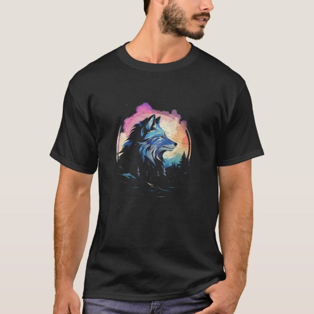 Varg Howling vid Måne Geometric Wildlife Alaska T Shirt (Framsida)