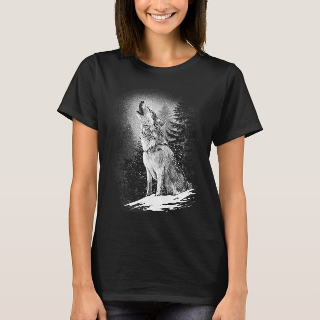 Varg Howling vid Måne Lone Alpha Native American T Shirt (Framsida)
