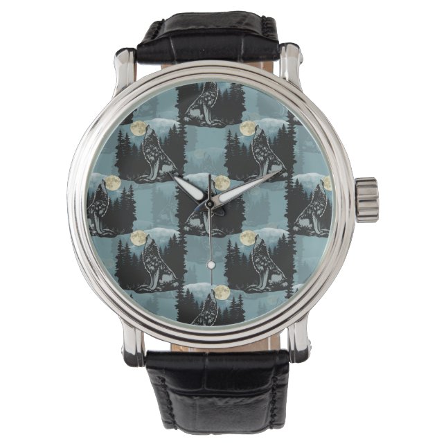 Varg Howling vid Måne Mönster Design Armbandsur (Framsida)