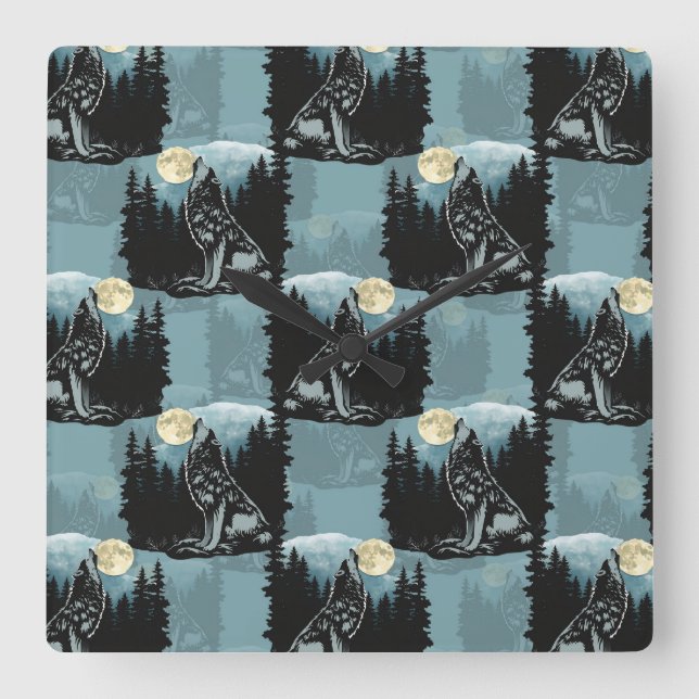Varg Howling vid Måne Mönster Design Fyrkantig Klocka (Framsida)