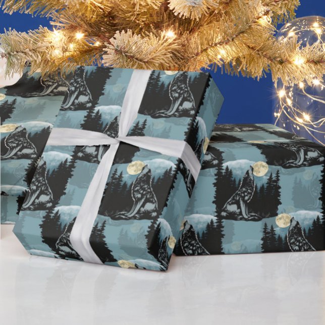 Varg Howling vid Måne Mönster Design Presentpapper (Skapare uppladdad)