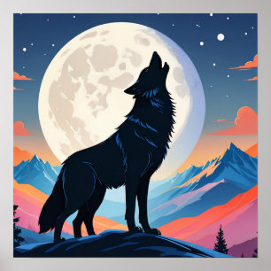 Varg Howling vid Måne Poster
