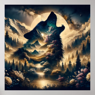 Varg Howling vid Måne Poster