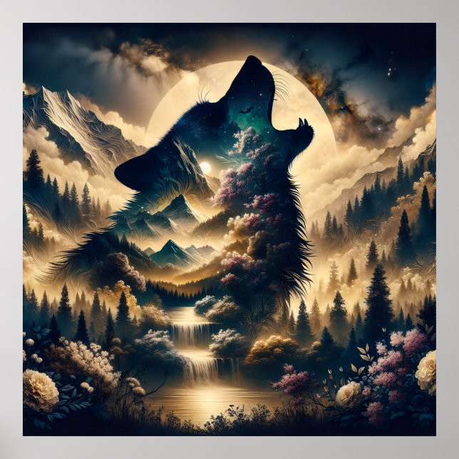 Varg Howling vid Måne Poster (Framsidan)