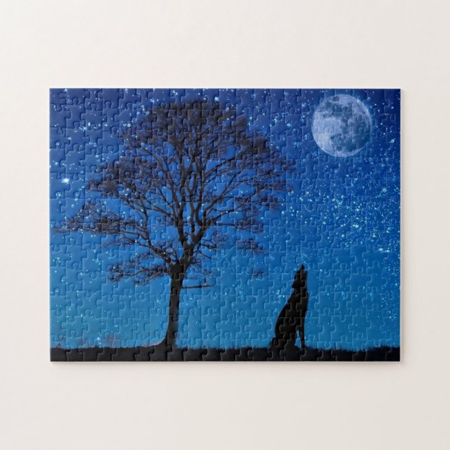 Varg Howling vid Måne-pusslet Pussel (Horisontell)