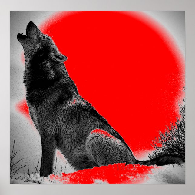 Varg Howling vid Måne Red Pop Art Poster (Framsidan)