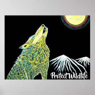 Varg Howling vid Måne skyddar vilda djur Poster