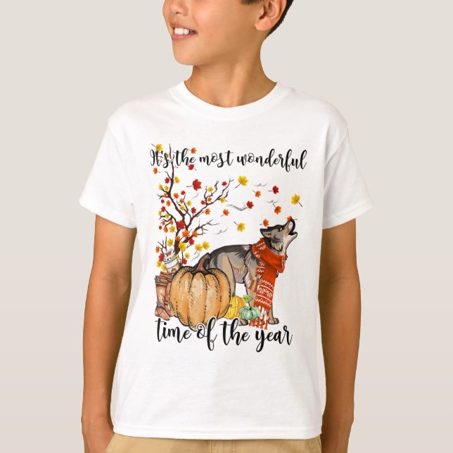 Varg Hund Fall Pumpkins Autumn Löv Träd T Shirt (Framsida)