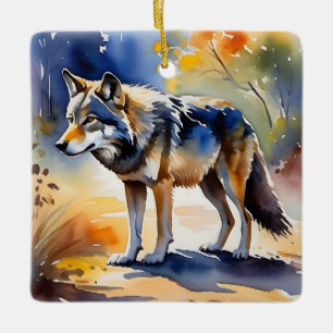 Varg i en skogsfärgsmålning julgransprydnad keramik