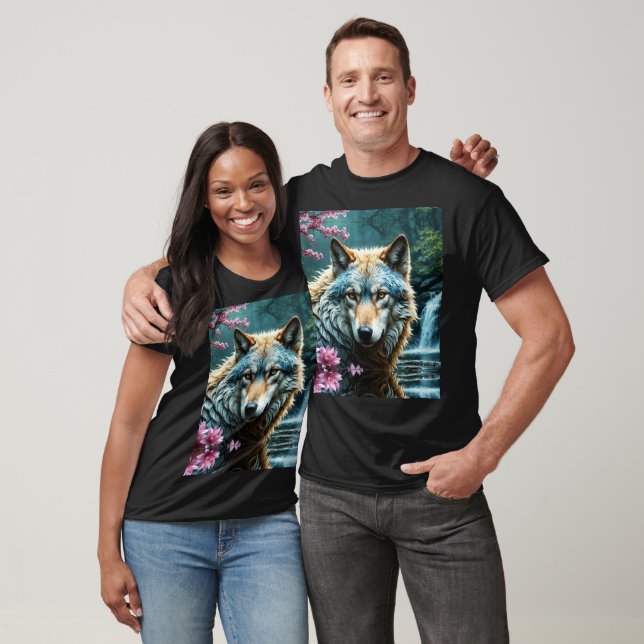 Varg i flod med blommor t shirt (Unisex)