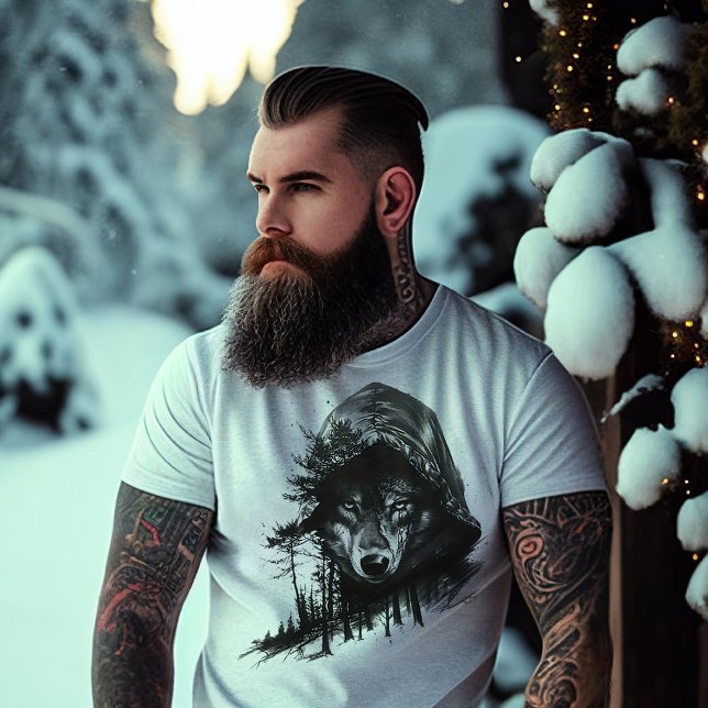 Varg i hoodie dubbelexponering t shirt (Skapare uppladdad)
