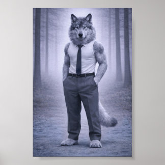 Varg i minimal formell klänning – Tyst skogsporträ Poster