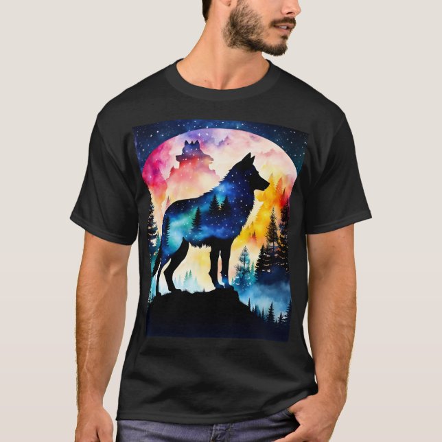 Varg i skogen vattenfärg t shirt (Framsida)