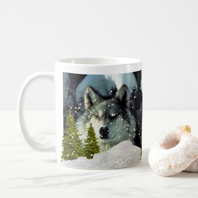 Varg i vintersnö kaffekopp för vilda djur älskare (Med munk)