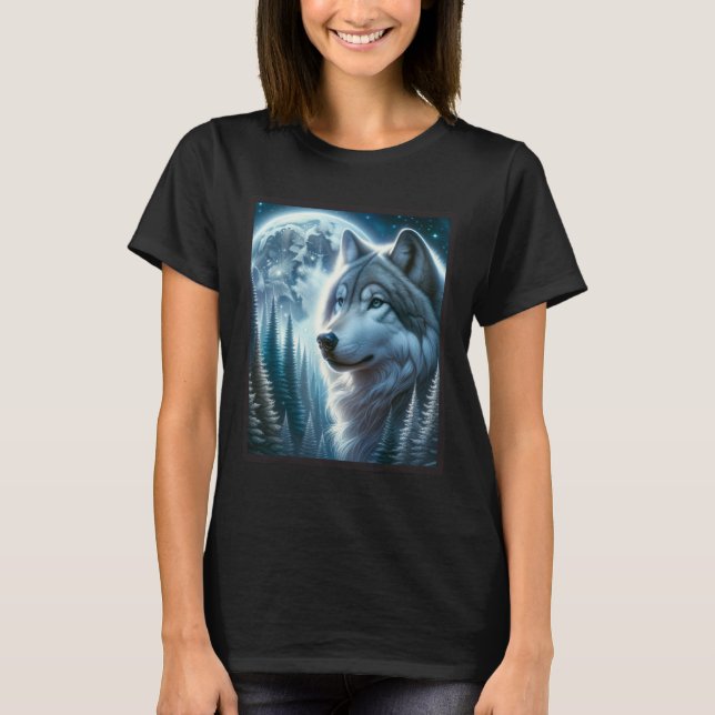 Varg Isig Måne Galaxy Hunting Ground Grått Vargar  T Shirt (Framsida)