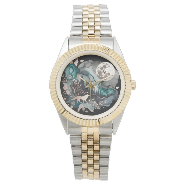 Varg Landskap och Måne Teal Guld Armbandsur (Framsida)
