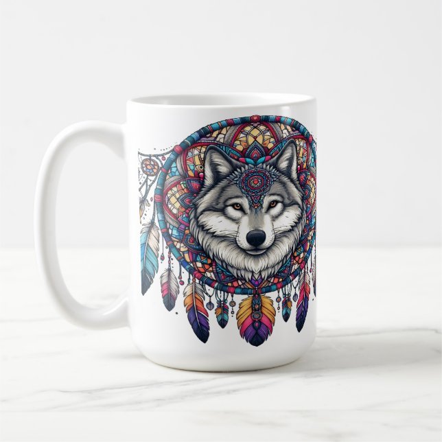 Varg Mandala Design Med Drömfångare och Fjädrar Kaffemugg (Vänster)